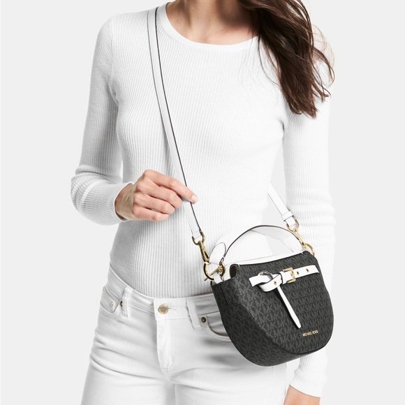 Michael Kors Black and White Emilia Medium Logo Shoulder Bag - Picture 7 of 8